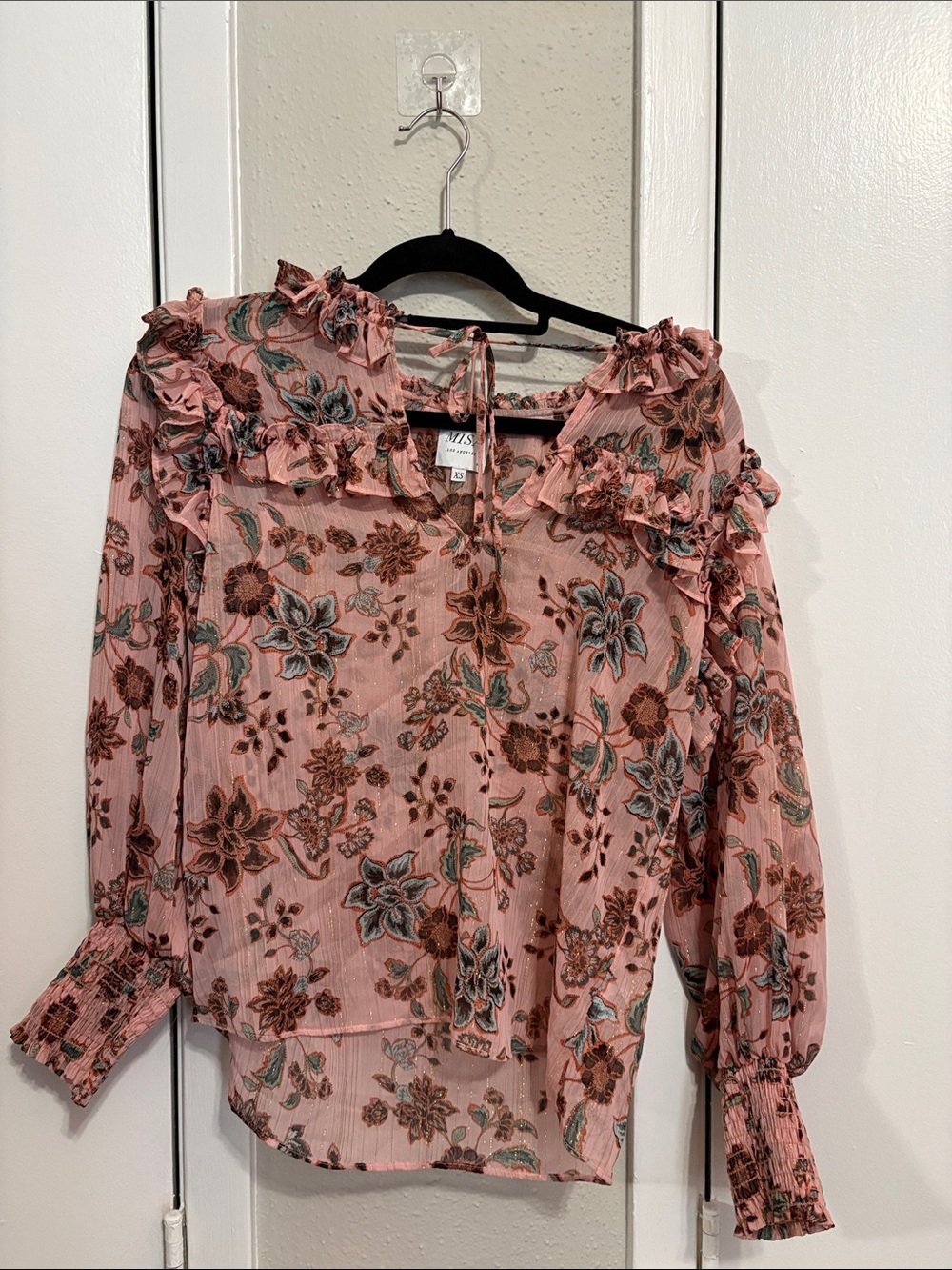 Floral Ruffle Blush Pink Long-Sleeve Blouse